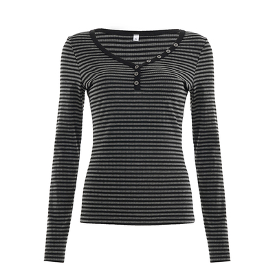 美式复古深灰色条纹V领长袖T恤秋