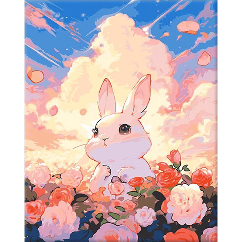 数字油画diy填色花丛中兔油彩画