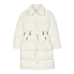 SANDRO秋冬女装法式气质优雅时尚白色收腰袢带翻领中长款棉服外套