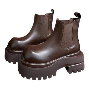 欧货真皮大头擦色松糕厚底马丁靴女复古小个子增高切尔西烟筒短靴