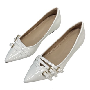 内增高3cm秋季平底玛丽珍晚晚风裸色漆皮法式尖头浅口白色单鞋女