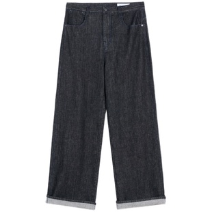 klee klee冬女装黑牛仔吊脚翻边舒适休闲百搭耐看A型裤直筒裤