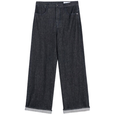 黑牛仔吊脚翻边A型裤直筒裤