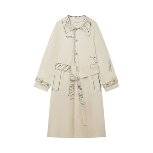 物理少年「白稿未完成」手绘草稿涂鸦宽松直筒随性翻领长款风衣