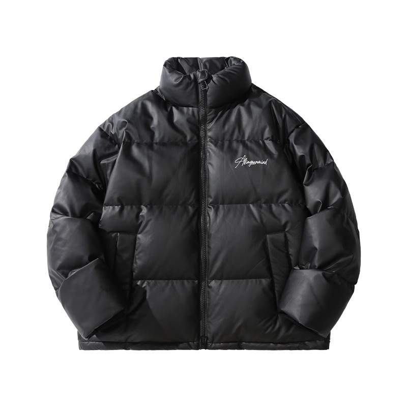 ALLIN 立领羽绒服男冬季短款PU皮面包服潮牌字母印花加厚保暖外套