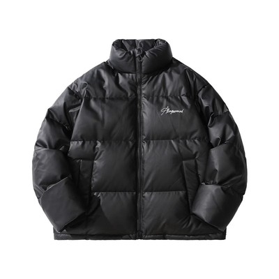 ALLIN 立领羽绒服男冬季短款PU皮面包服潮牌字母印花加厚保暖外套
