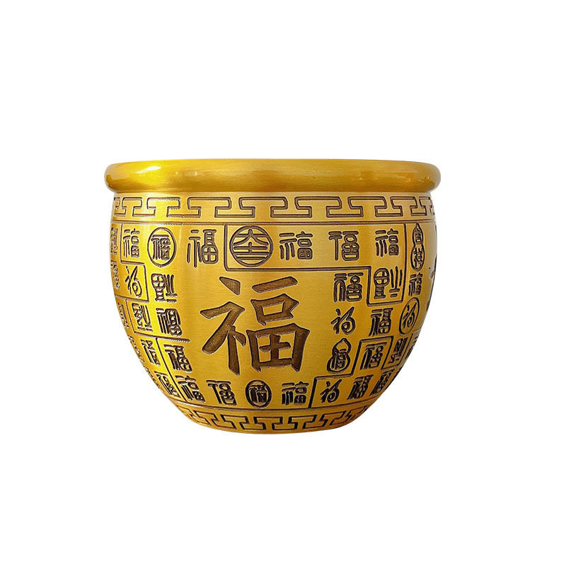百福纯黄铜缸桌面摆件招财聚宝盆