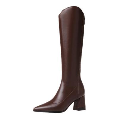 ~v口长筒靴女粗腿尖头粗跟靴子长靴胖mm高筒大筒围骑士靴