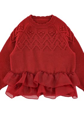 幼悠女童2025冬季新款红色厚实网纱拼接毛衣保暖女孩针织衫过年服