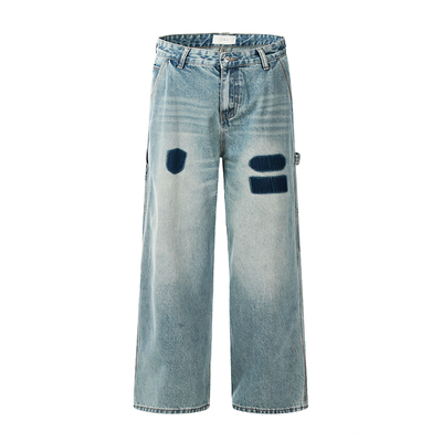 小柯xock美式复古补丁直筒牛仔裤