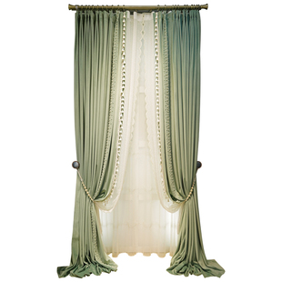 轻奢法式高端卧室窗帘遮光丝绒布钉珠绣花边客厅浅绿色欧式别墅