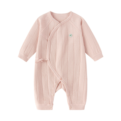 babylove新生儿系带连体衣春秋满月宝宝纯棉提花纯色哈衣婴儿衣服