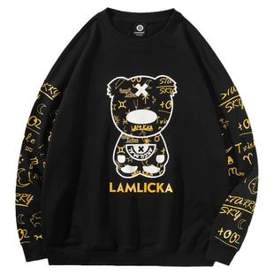 LAMLICKA烫金熊猫字母印花卫衣男国潮春秋季纯棉圆领大码无帽衫女
