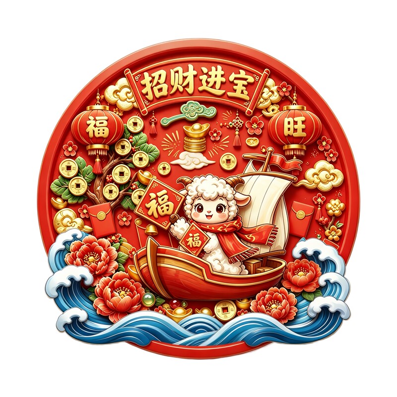 圆形招财进宝墙贴小羊帆船牡丹钱币红灯笼新年吉祥如意装饰贴纸画