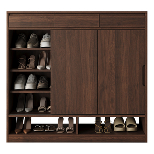 维美家实木鞋柜家用门口室内客厅橡木大容量胡桃木色推拉门玄关柜