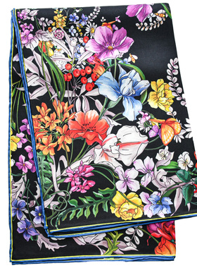 优雅黑白花朵90cm春秋斜纹丝巾