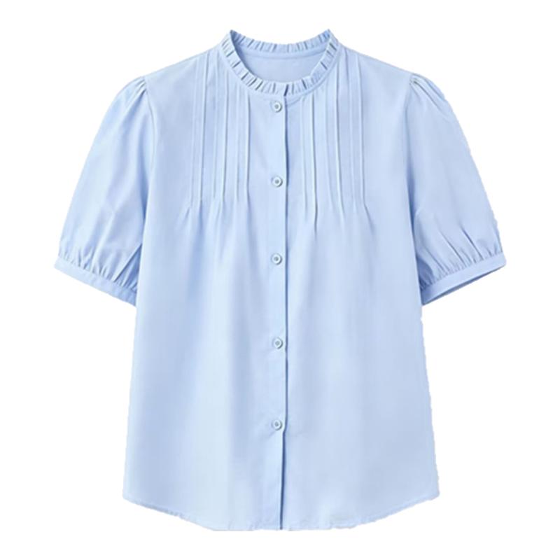 夏季木耳领纯棉短袖女衬衫