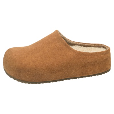 磨砂真牛皮厚底增高包头半拖女休闲外穿一脚蹬羊羔毛懒人勃肯拖鞋