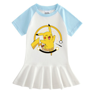 皮卡丘衣服2026夏季童装女童短袖连衣裙女宝宝纯棉薄款百褶公主裙