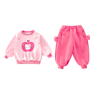 女童套装春装洋气卡通印花蝴蝶结儿童卫衣两件套春秋女宝宝运动服