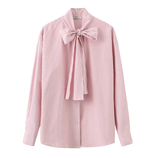 CUBIC泰晤士河畔 简约无领系带设计经典细条纹棉感宽松衬衫