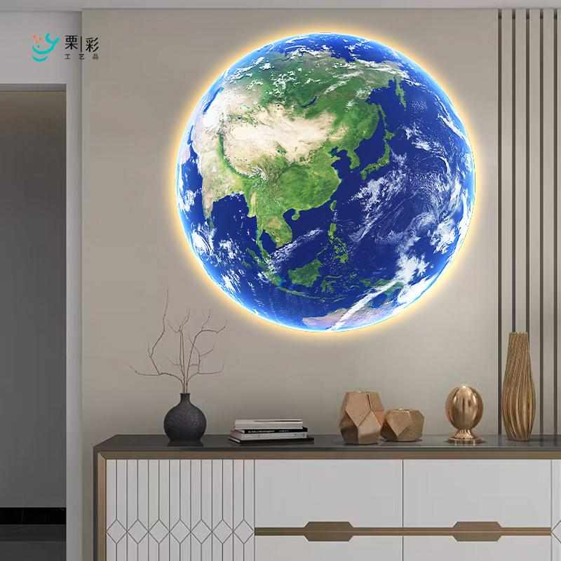 月球地球壁灯圆形过道走廊玄关挂画主卧背景墙卧室带灯床头装饰画