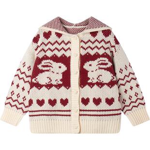 【新年好运兔】厚实毛衣外套抗起球兔子提花女童冬季拜年红色喜庆