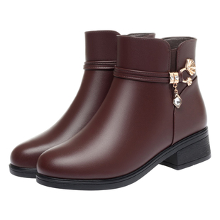 妈妈鞋冬季鞋子女士皮鞋中年棉鞋真皮软底加绒保暖靴子中老年短靴