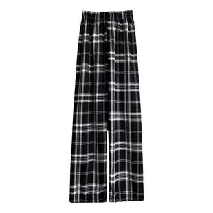 加绒加厚羊羔绒格子裤女冬季阔腿裤秋装高腰直筒学生休闲拖地裤子
