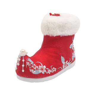 女童汉服鞋冬季公主古装棉鞋中国风绣花鞋民族风雪地靴加绒拜年鞋