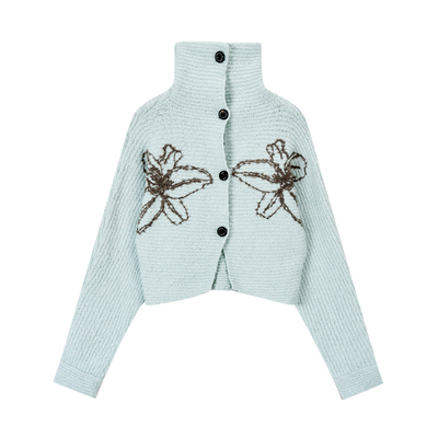 FireGolden炉2025秋冬含羊毛刺绣花朵开衫毛衣慵懒 深灰/薄荷绿