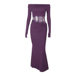 纯欲风紫色韵味长袖一字肩礼服裙女秋冬款镂空拼接设计包臀鱼尾裙