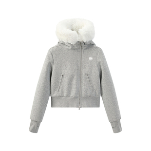 SMILE DDD短款毛领外套女修身显瘦连帽舒适保暖女小个子开衫卫衣