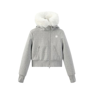 SMILE DDD短款毛领外套女修身显瘦连帽舒适保暖女小个子开衫卫衣