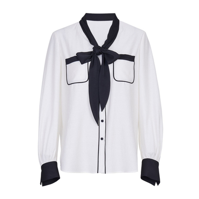 婉甸珍珠白撞黑边飘带衬衫雪纺衫