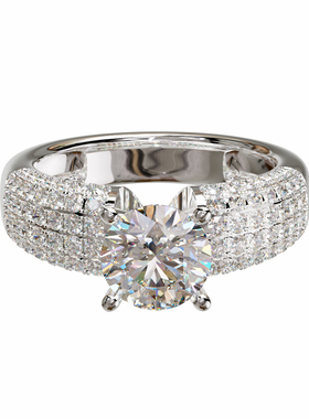 18K金圆形主石四爪镶三排戒轻奢小众设计感婚戒可定制百搭食指戒