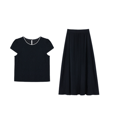 pusumede浮雕花卉|提花刺绣小衫复古圆领短袖衬衫上衣+半身裙套装