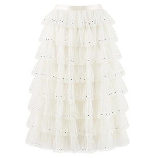 秋水伊人百搭网纱钻饰拼裙子2026年春季新款女简约温柔A字半身裙