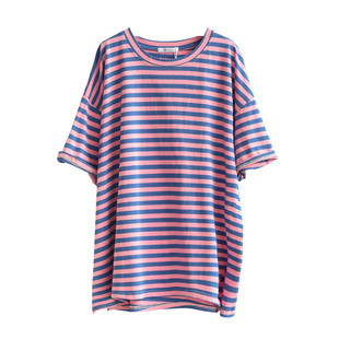 中长款复古纯棉横细条纹短袖T恤女圆领百搭显瘦宽松大码打底上衣