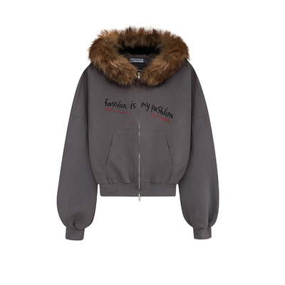 毛领皮草连帽太空棉加厚刺绣卫衣