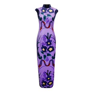 2025年春夏新款走秀礼服毛毛老师同款丝绒紫色旗袍高端优雅演出服