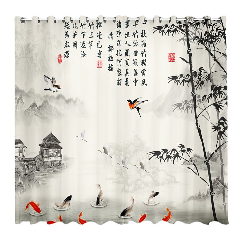 新中式荷花鲤鱼窗帘26新款古风山水风景画卧室客厅透光不透人纱帘