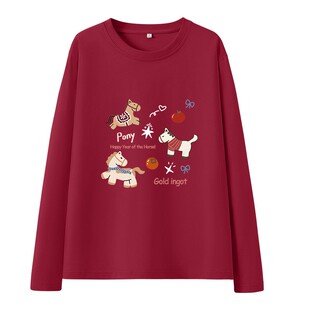 班尼路红色长袖t恤女马年内搭春秋2026新款本命年打底衫新年战袍M