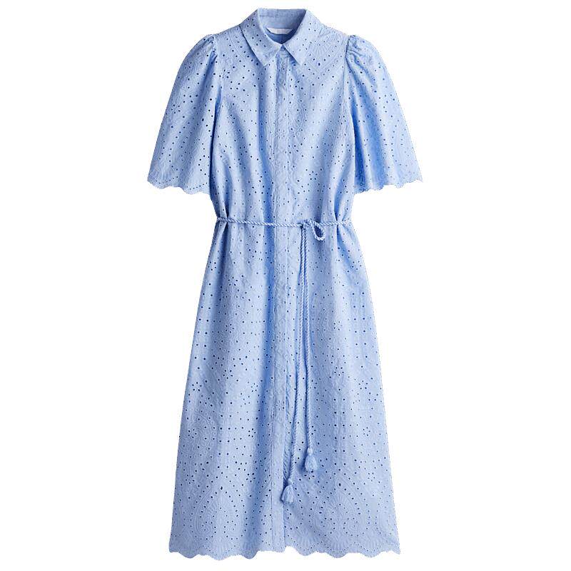 HM女装连衣裙夏季时尚休闲气质通勤衬衫式镂空刺绣连衣裙1265571