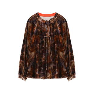 萧娘【鎏金画影】真丝植绒上衣中式长袖衬衫桑蚕丝丝绒衫XNA0036