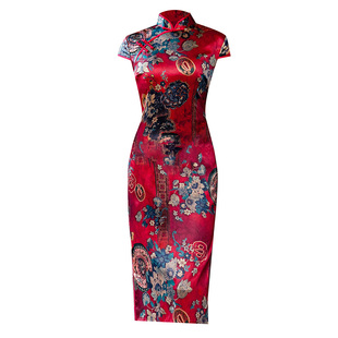 真丝旗袍中长款改良版连衣裙夏秋新款妈妈旗袍有大码宴会晚礼服