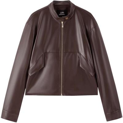 太平鸟金扣小立领仿蛋白PU皮衣外套女25年新款截短式机车皮衣*