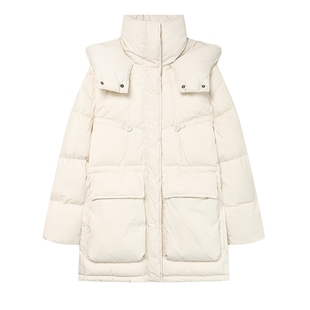 白鹿语时尚休闲外套秋冬新款长袖立领连帽大口袋中长女式羽绒服