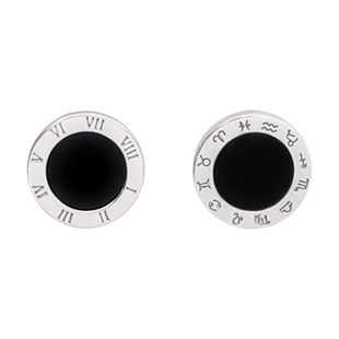 FourPin圆形镶嵌黑玛瑙耳钉高品质简约百搭嘻哈S925纯银耳饰男女