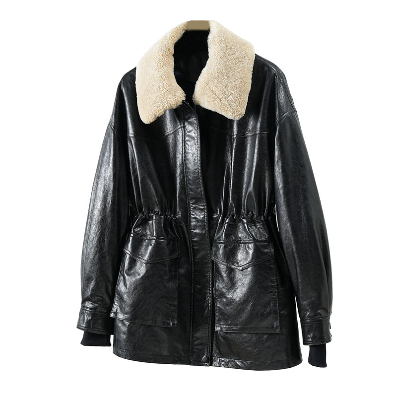 可拆卸羊毛领油蜡绵羊皮鹅绒真皮羽绒服女中长款2026冬新款皮外套